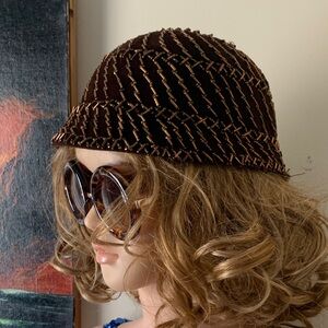 Vintage Pierce Chicago New York Brown Felt Beaded Women's Cloche Hat S